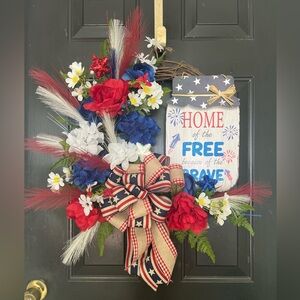🌟Large Handmade Home of the Free Because of the Braves Wreath ❤️🤍💙🇺🇸